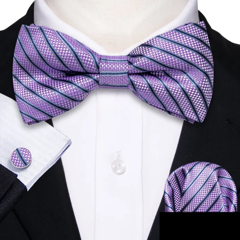 Purple Striped Men's Pre-tied Bowtie Pocket Square Cufflinks Set sold by Ties2You