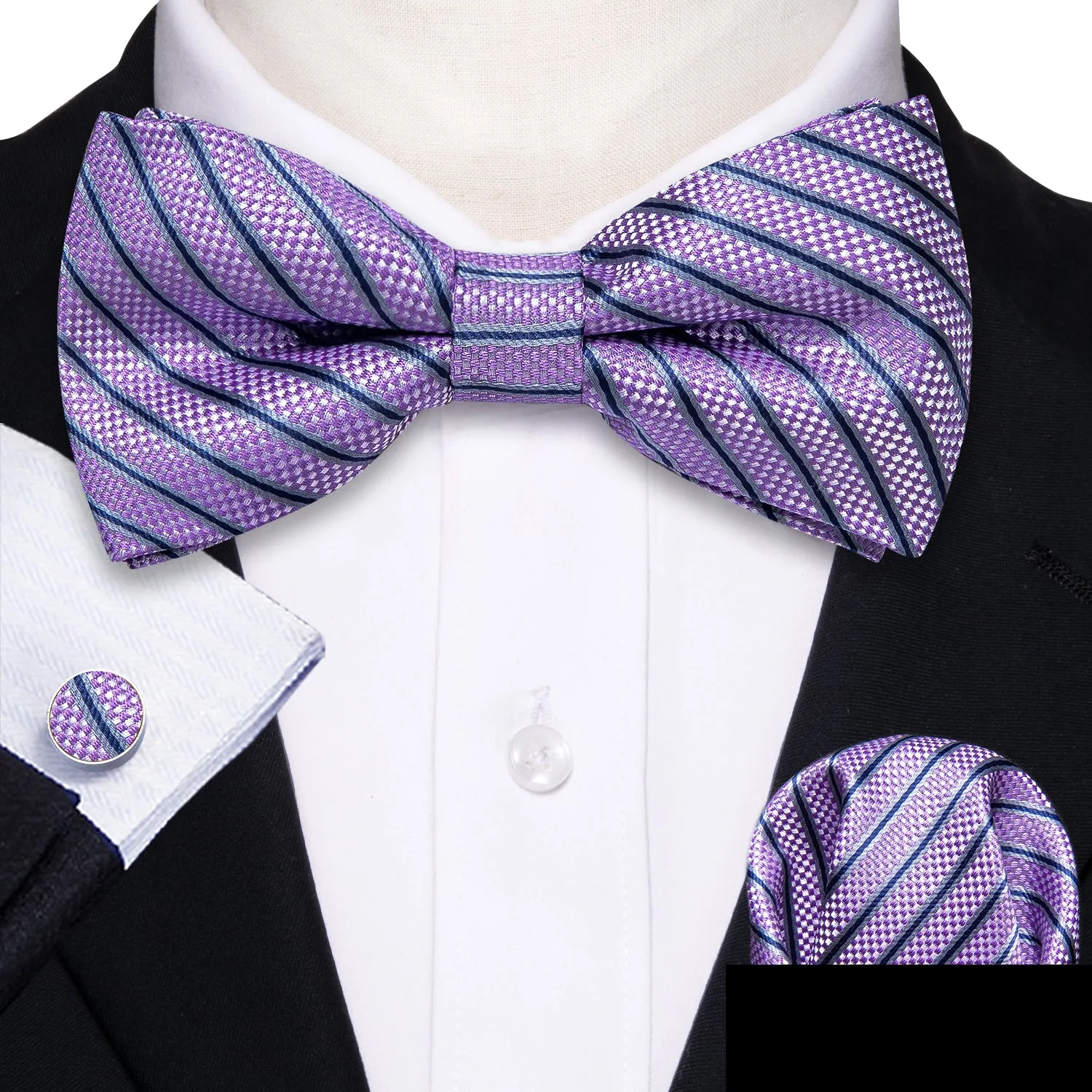 Purple Striped Men's Pre-tied Bowtie Pocket Square Cufflinks Set sold by Ties2You