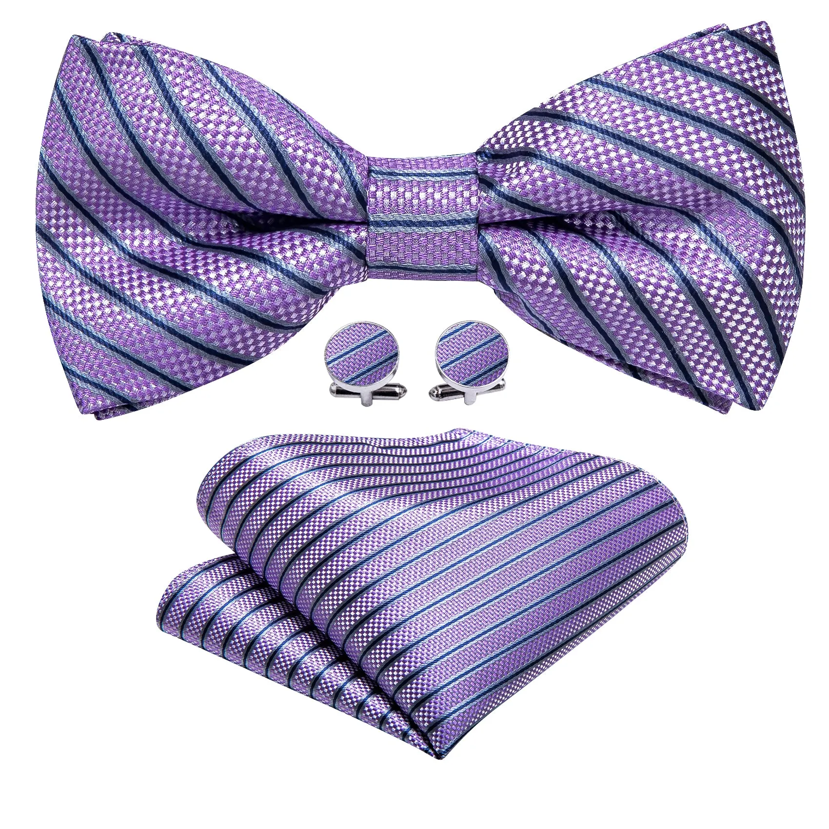 Purple Striped Men's Pre-tied Bowtie Pocket Square Cufflinks Set sold by Ties2You product image thumbnail 2