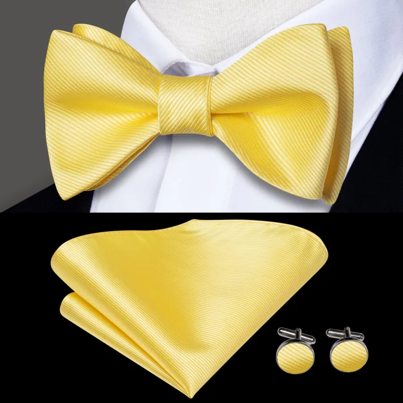 Light Yellow Solid Self-tied Bow Tie Pocket Square Cufflinks Set sold by Ties2You