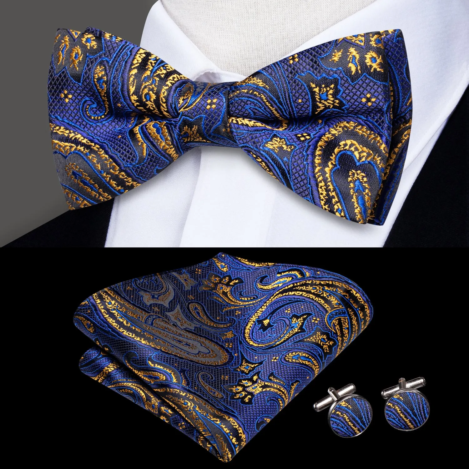 Blue Golden Paisley Men's Pre-tied Bowtie Pocket Square Cufflinks Set sold by Ties2You