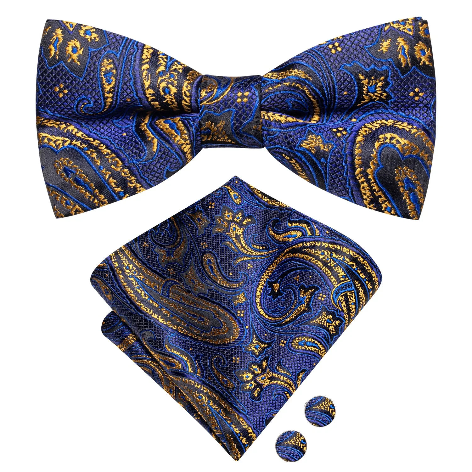 Blue Golden Paisley Men's Pre-tied Bowtie Pocket Square Cufflinks Set sold by Ties2You product image thumbnail 2