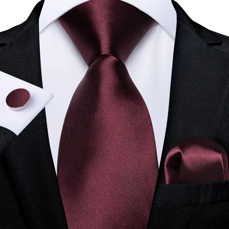 Ties2you Red Tie Burgundy Solid Satin Silk Tie Hanky Cufflinks Set Classic Hot sold by Ties2You