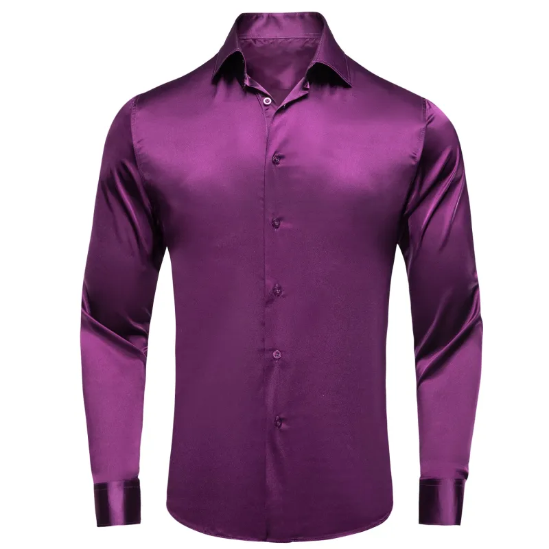 Dark Purple Solid Satin Men's Long Sleeve Shirt sold by Ties2You