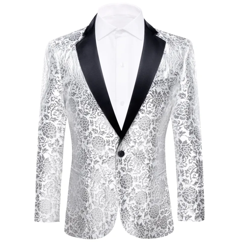 Ties2you Notched Collar Men's Suit Silver White Floral Flower Suit For Party sold by Ties2You