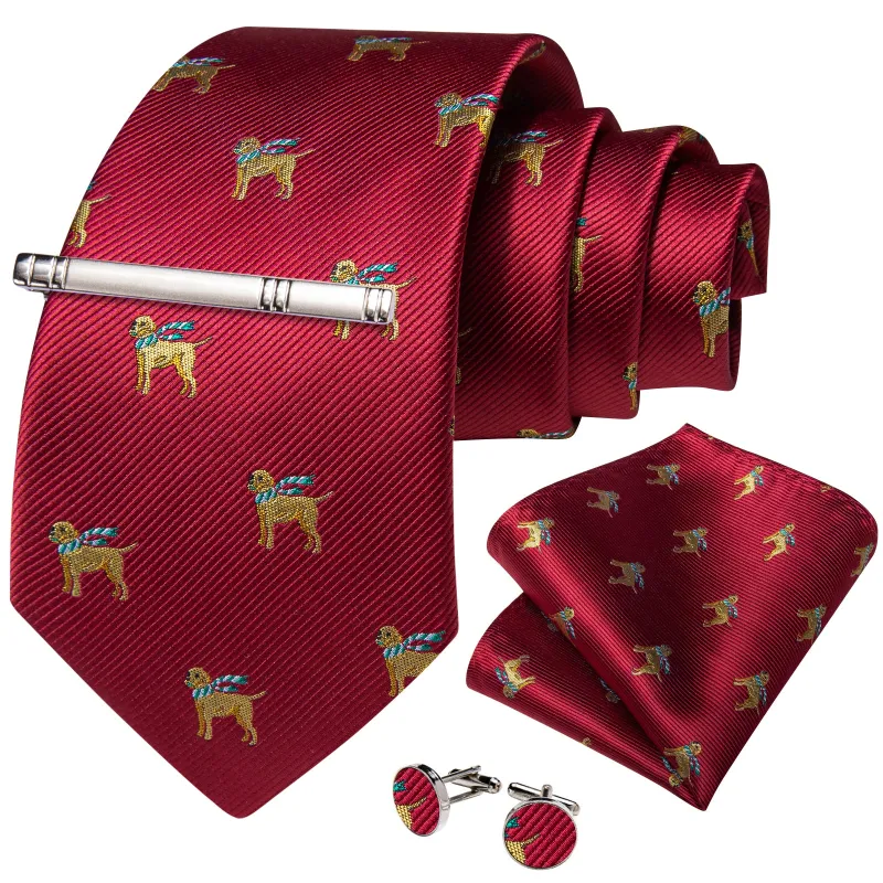 Red Yellow Dogs Silk Men's Necktie Pocket Square Cufflinks Set with Clip sold by Ties2You