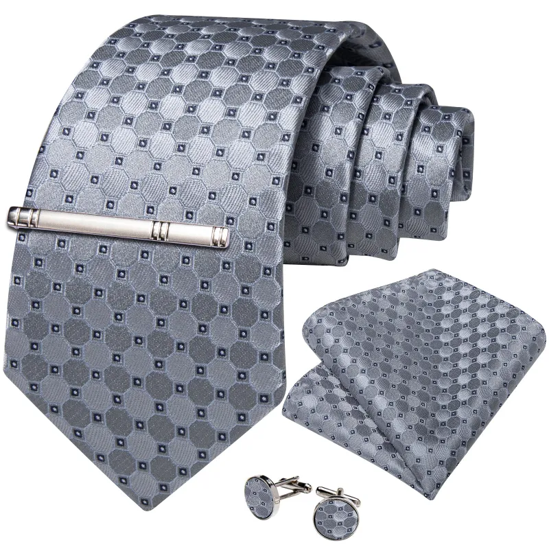 Silver Black Geometric Silk Men's Necktie Pocket Square Cufflinks Set with Clip sold by Ties2You