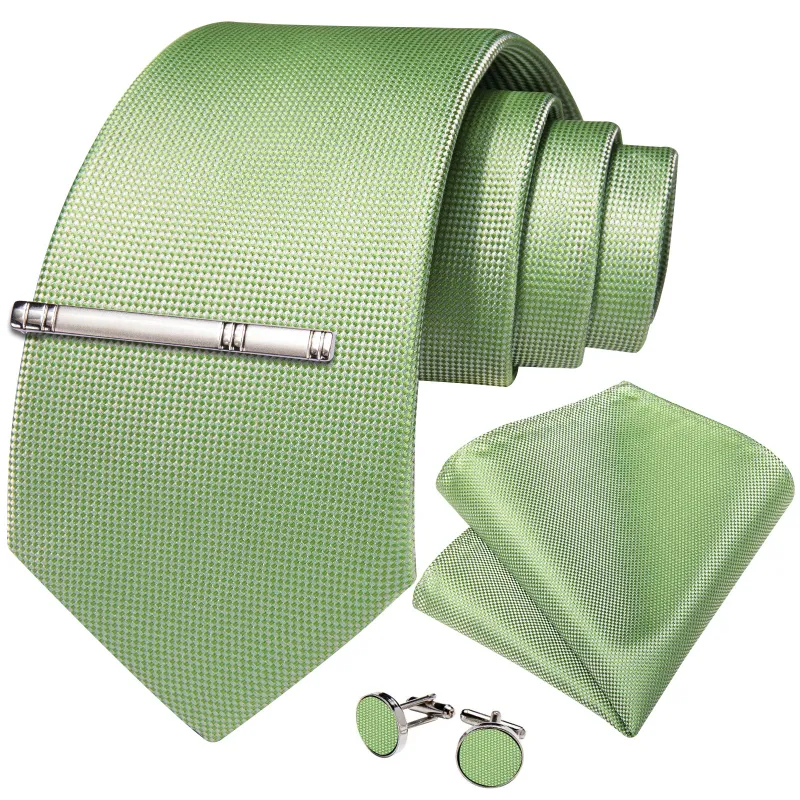Avocado Green Plaid Silk Men's Necktie Pocket Square Cufflinks Set with Clip made by Ties2You