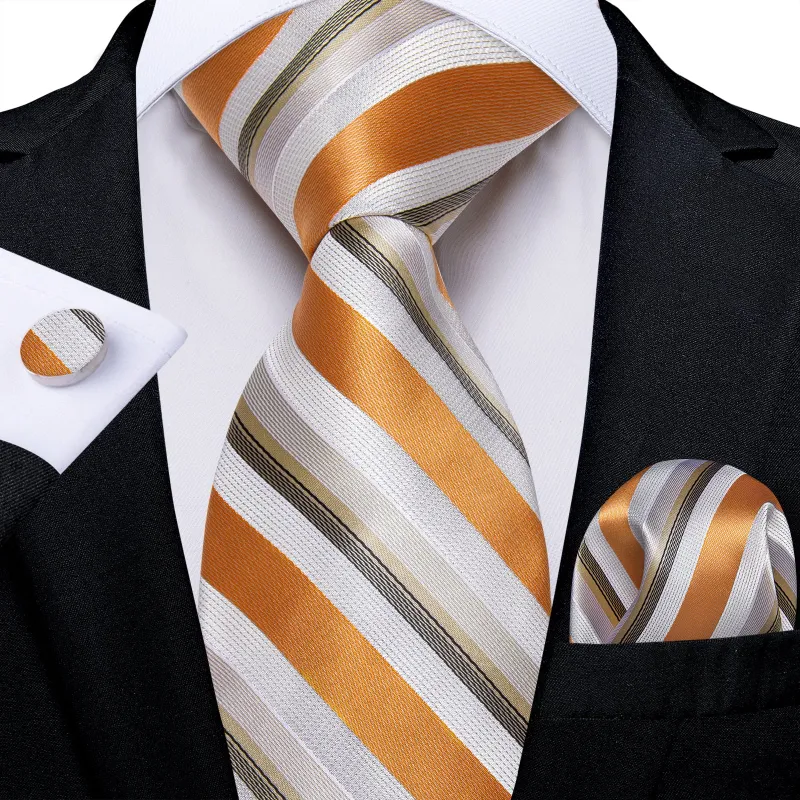 Orange White Green Striped Silk Men's Necktie Pocket Square Cufflinks Set sold by Ties2You