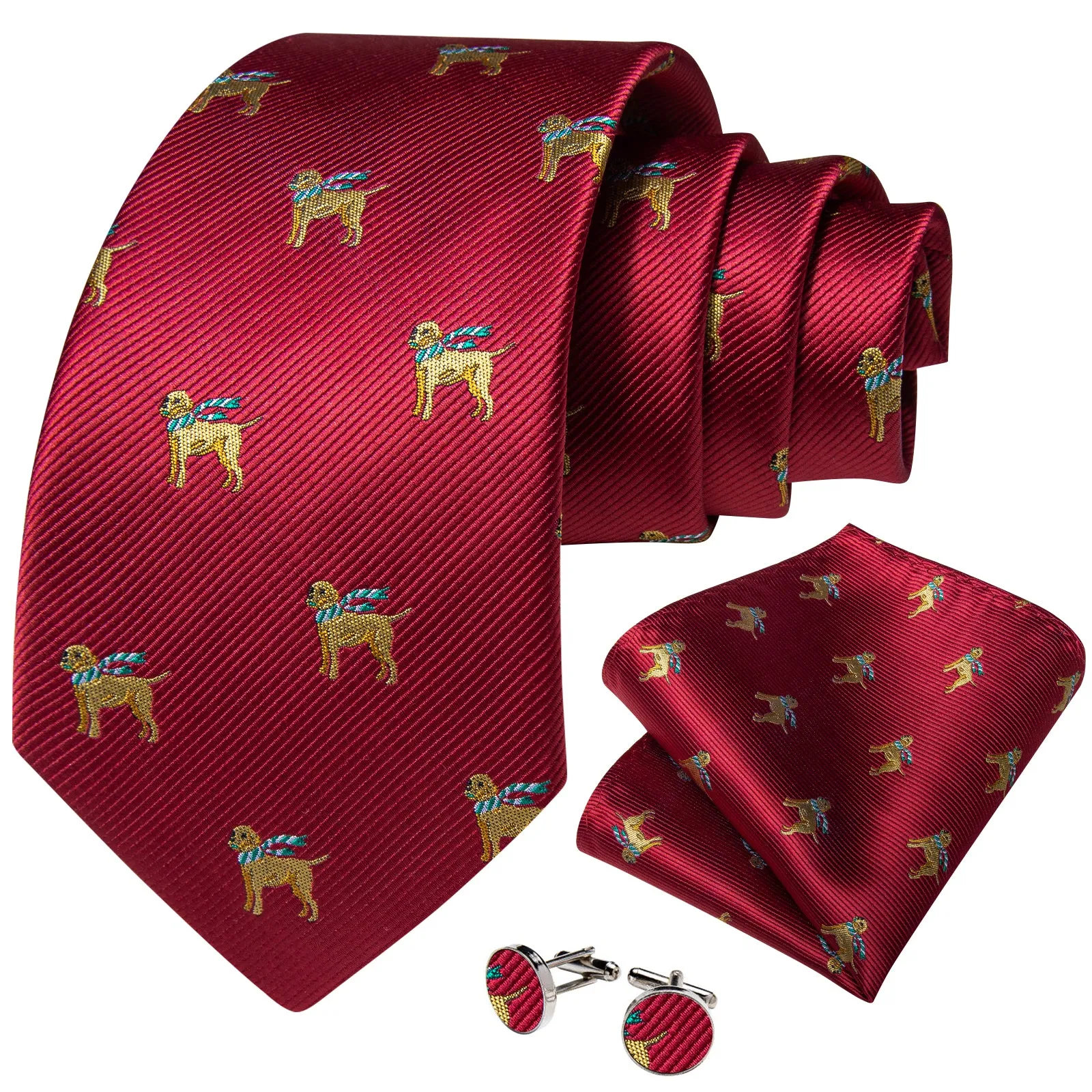 Red Yellow Dogs Silk Men's Necktie Pocket Square Cufflinks Set sold by Ties2You product image thumbnail 2