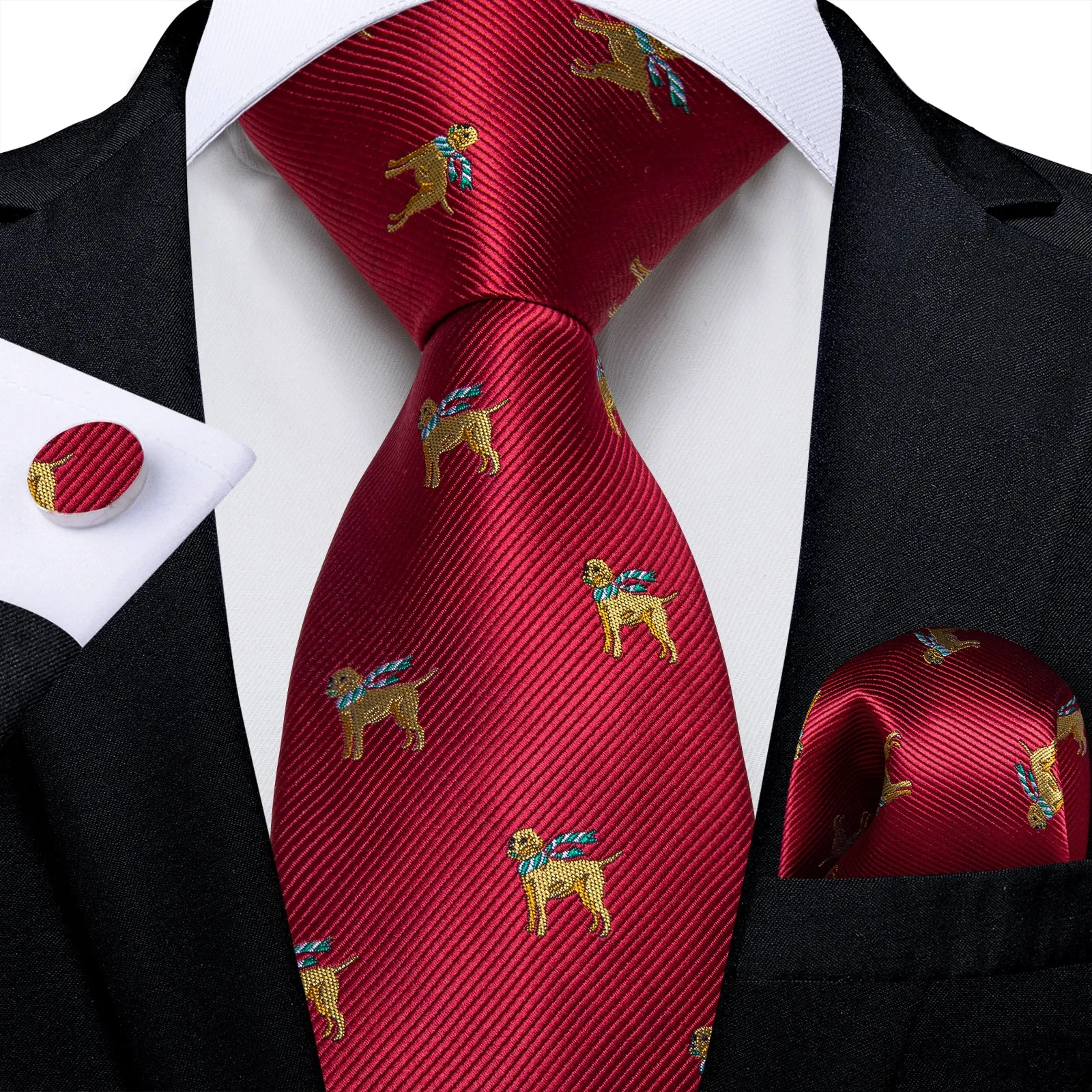 Red Yellow Dogs Silk Men's Necktie Pocket Square Cufflinks Set sold by Ties2You