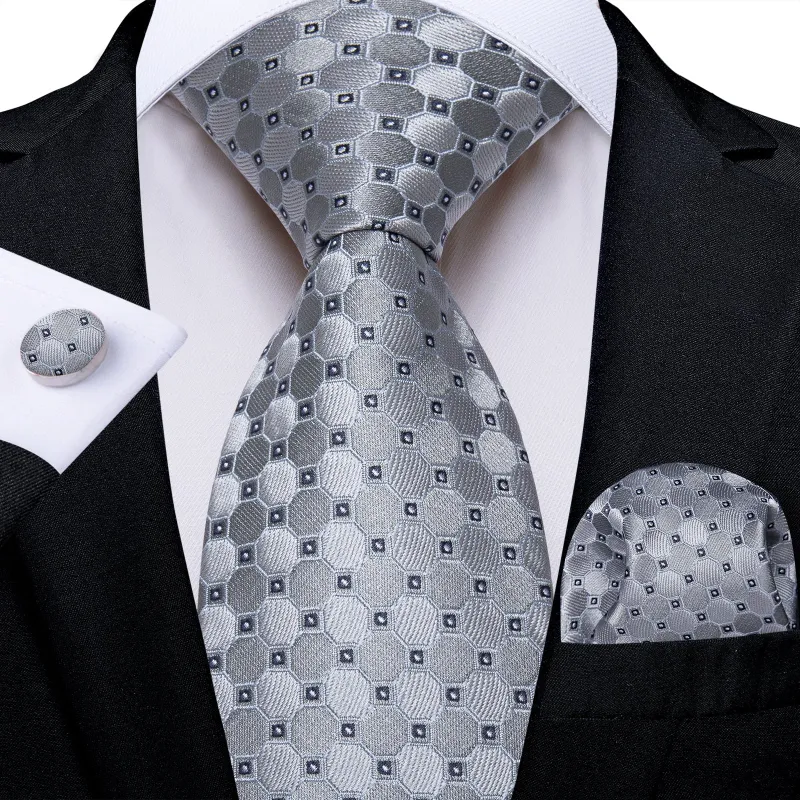 Silver Black Geometric Silk Men's Necktie Pocket Square Cufflinks Set sold by Ties2You