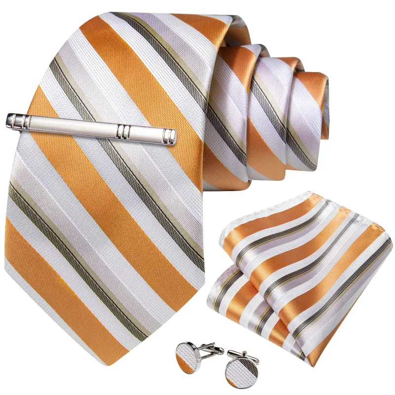 Orange White Green Striped Silk Men's Necktie Pocket Square Cufflinks Set with Clip sold by Ties2You