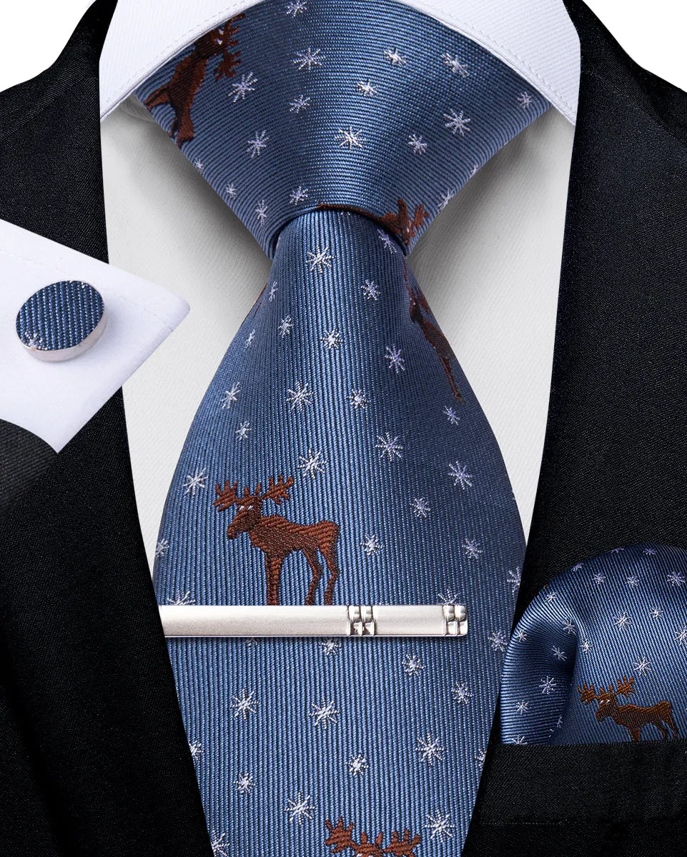 Blue White Brown Deers Snowflake Silk Men's Necktie Pocket Square Cufflinks Set with Clip sold by Ties2You product image thumbnail 2