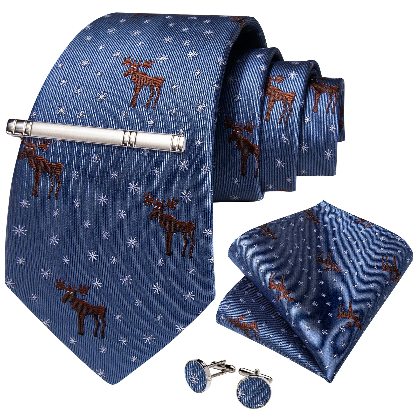 Blue White Brown Deers Snowflake Silk Men's Necktie Pocket Square Cufflinks Set with Clip sold by Ties2You