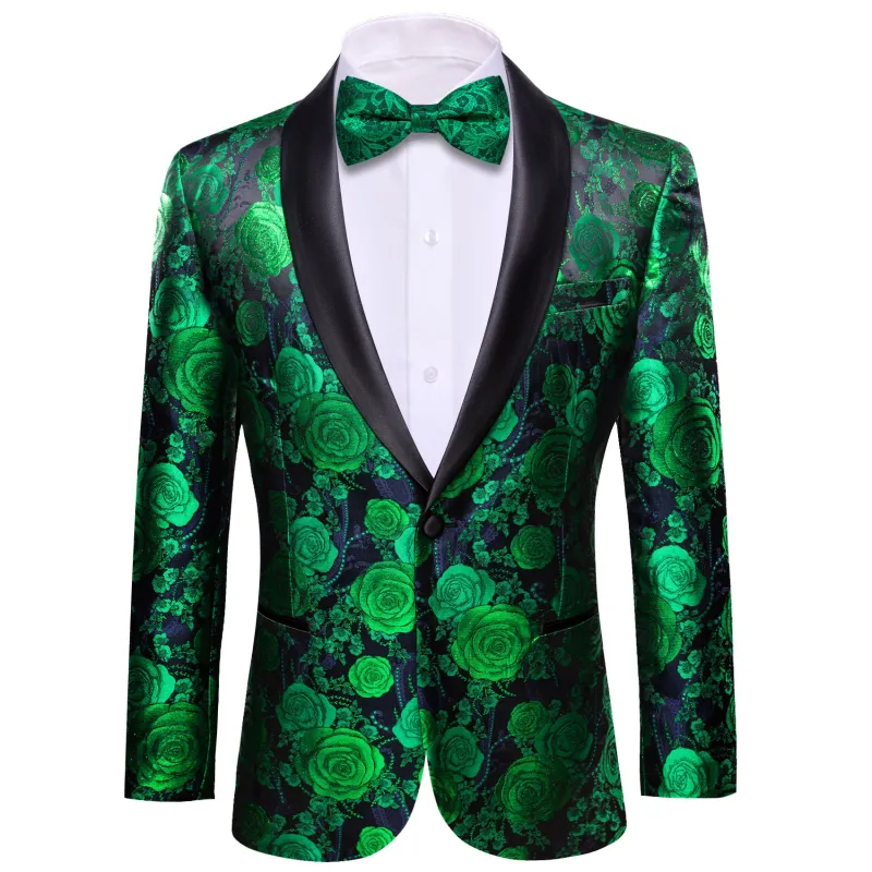 Ties2you Shawl Collar Suit Green Navy Floral Rose Men's Suit For Party sold by Ties2You