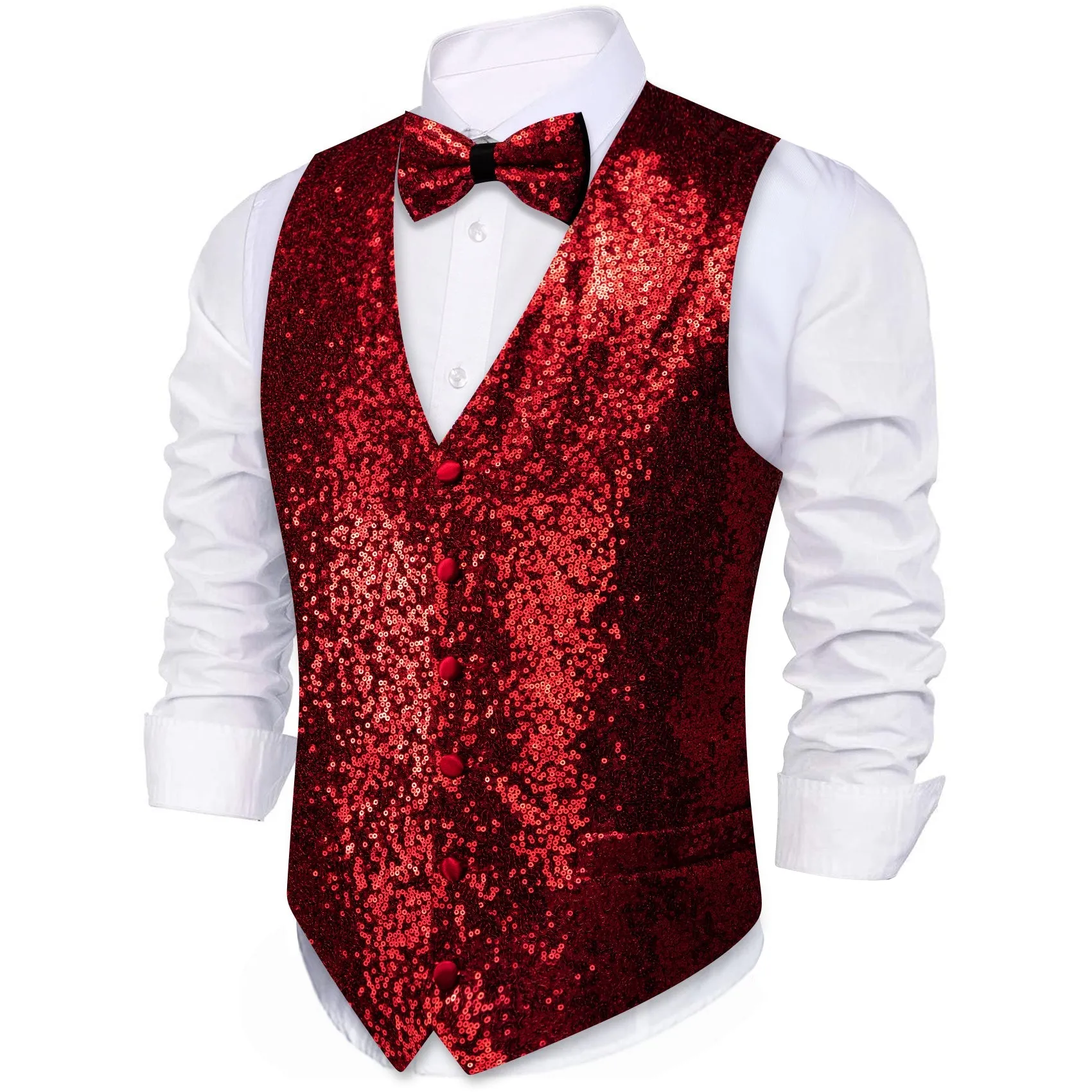 Ties2you Wedding Fire Red Sequins Silk Men's Vest And Bow Tie Set sold by Ties2You product image thumbnail 3