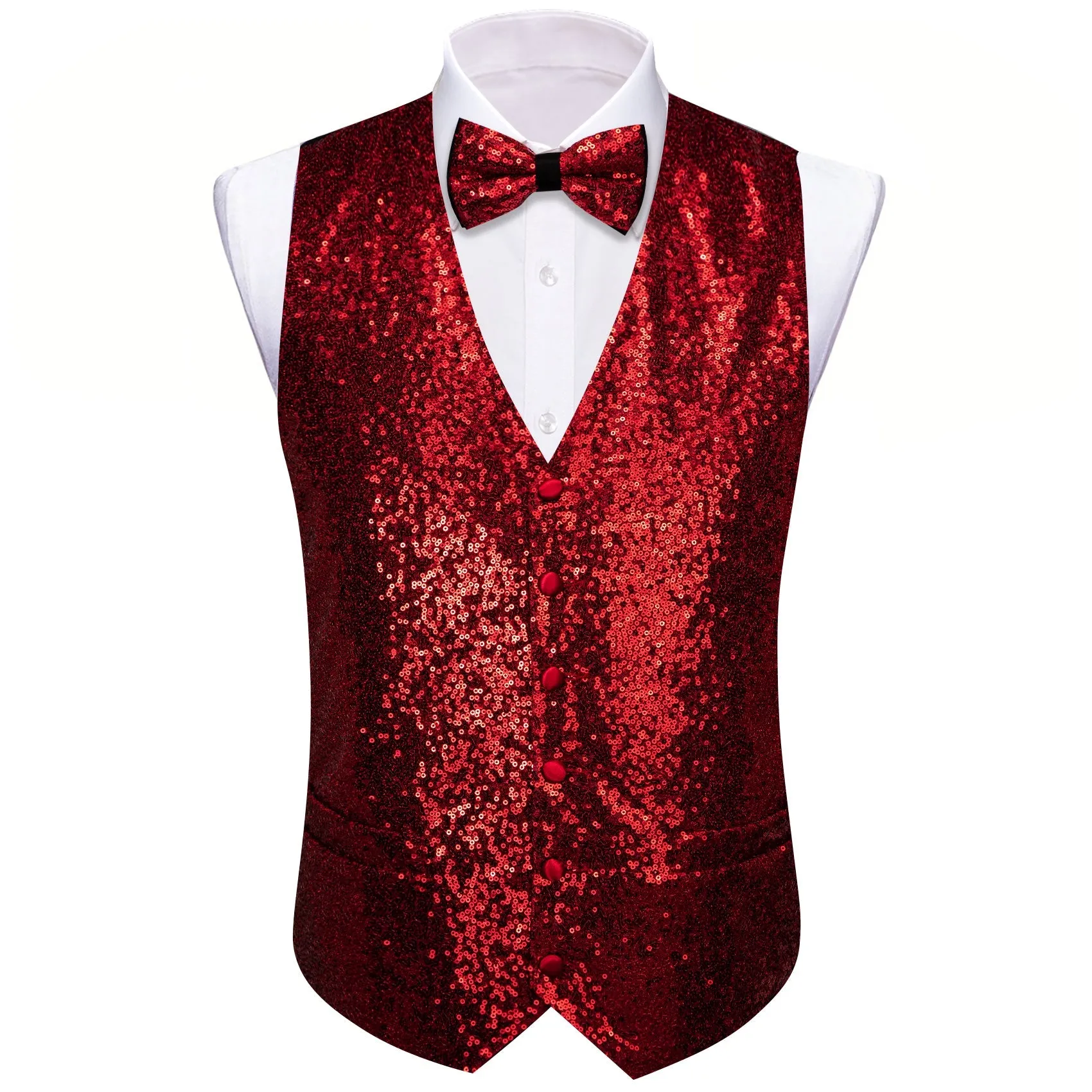 Ties2you Wedding Fire Red Sequins Silk Men's Vest And Bow Tie Set sold by Ties2You product image thumbnail 4