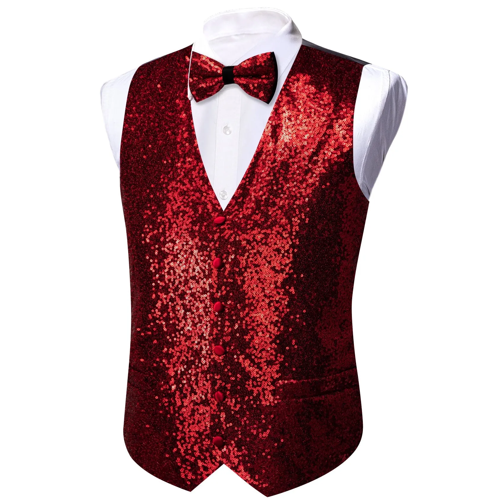 Ties2you Wedding Fire Red Sequins Silk Men's Vest And Bow Tie Set sold by Ties2You product image thumbnail 5