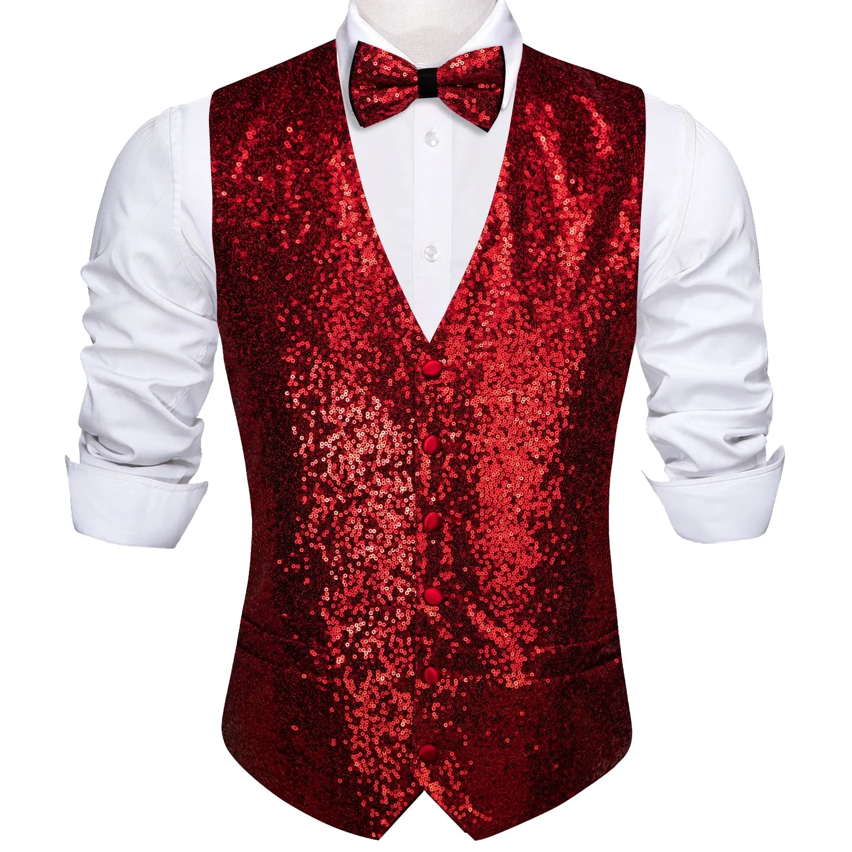 Ties2you Wedding Fire Red Sequins Silk Men's Vest And Bow Tie Set sold by Ties2You product image thumbnail 2