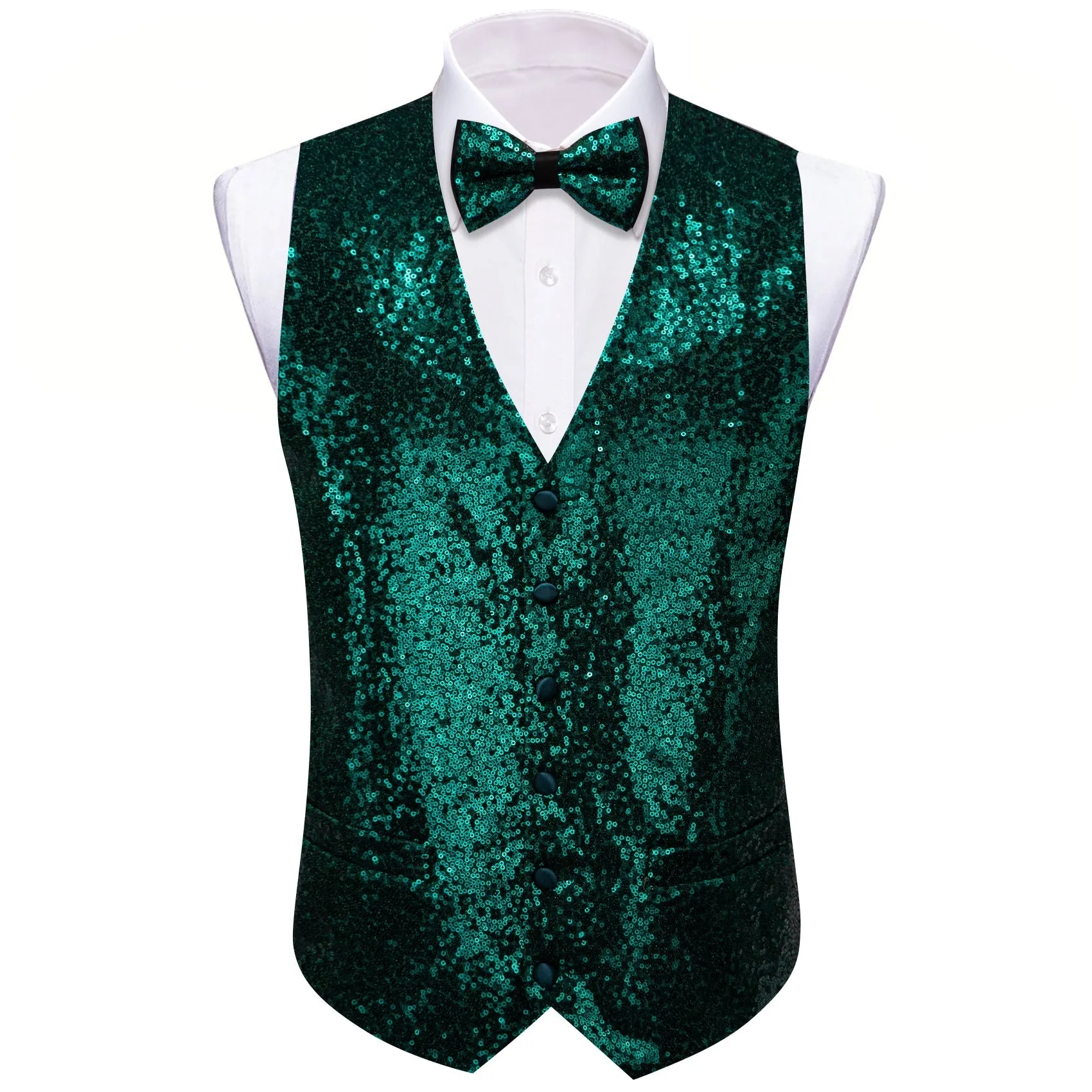 Dark Green Sequins Silk Men's Vest Hanky Cufflinks Bow Tie Set sold by Ties2You product image thumbnail 4