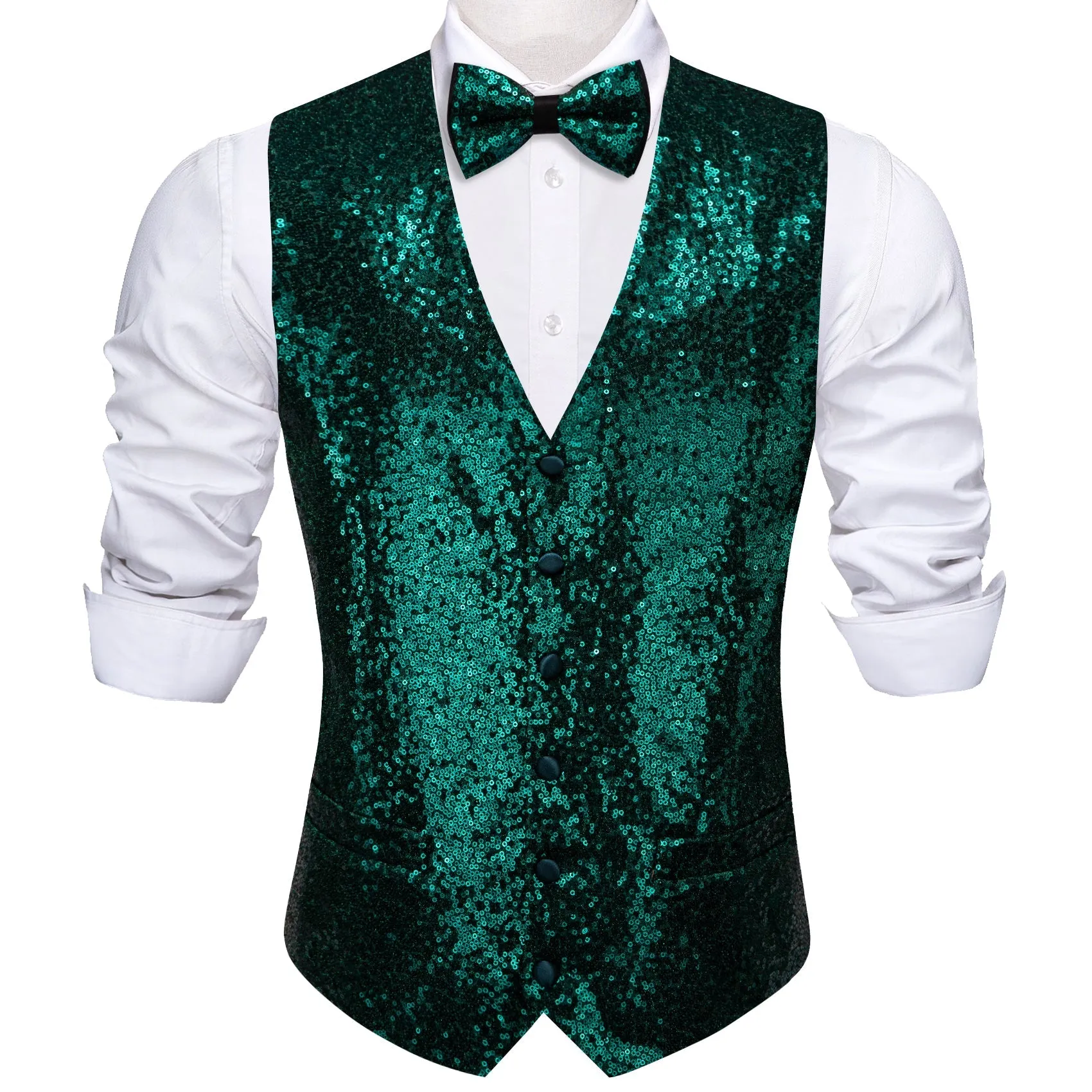 Dark Green Sequins Silk Men's Vest Hanky Cufflinks Bow Tie Set sold by Ties2You product image thumbnail 2
