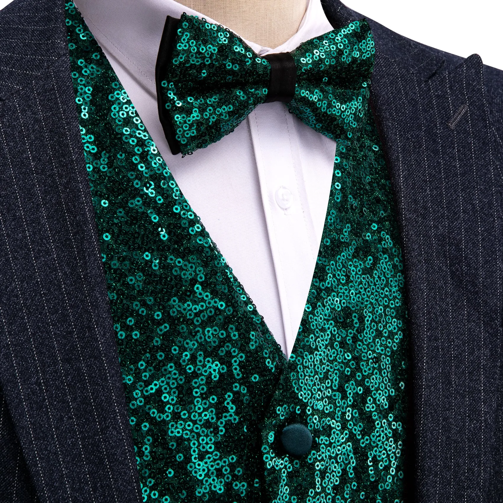 Dark Green Sequins Silk Men's Vest Hanky Cufflinks Bow Tie Set sold by Ties2You