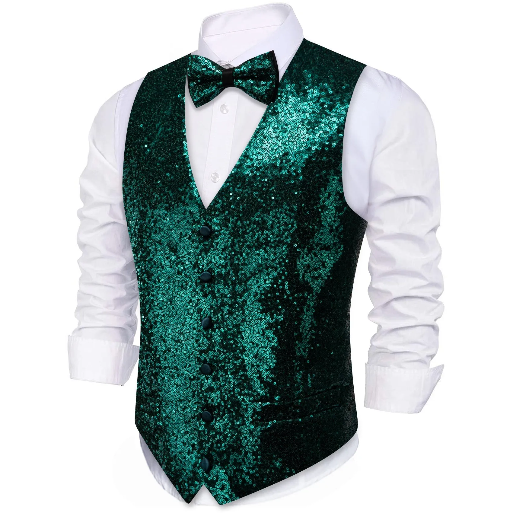 Dark Green Sequins Silk Men's Vest Hanky Cufflinks Bow Tie Set sold by Ties2You product image thumbnail 3