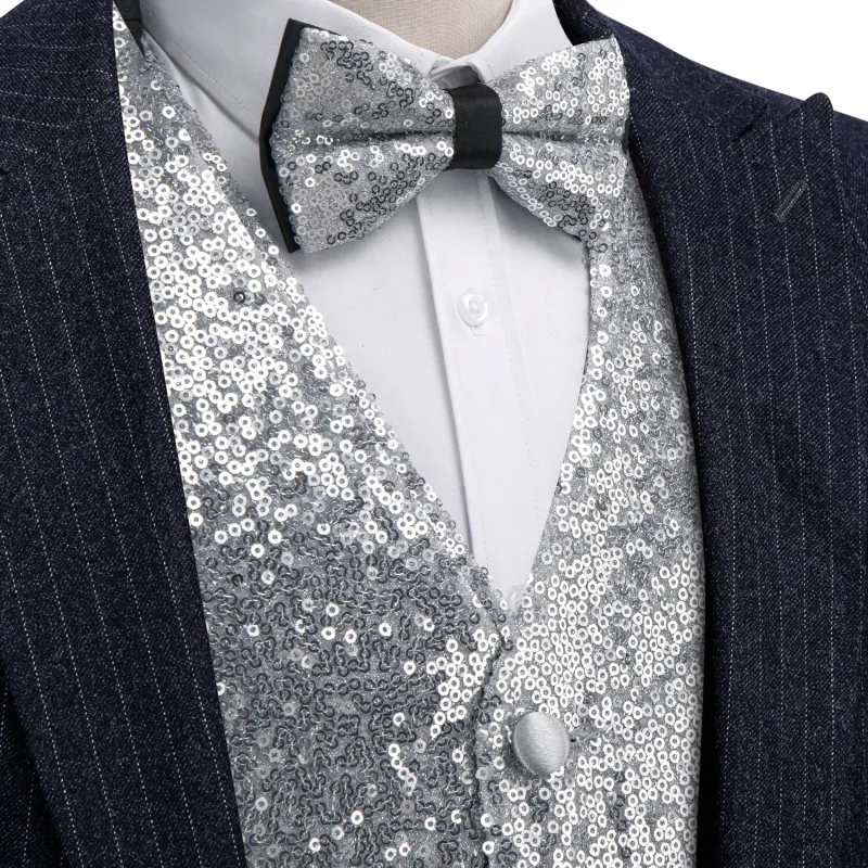 Ties2you Silver Sequins Vest for Men Solid Wedding Formal Waistcoat Bowtie Set sold by Ties2You