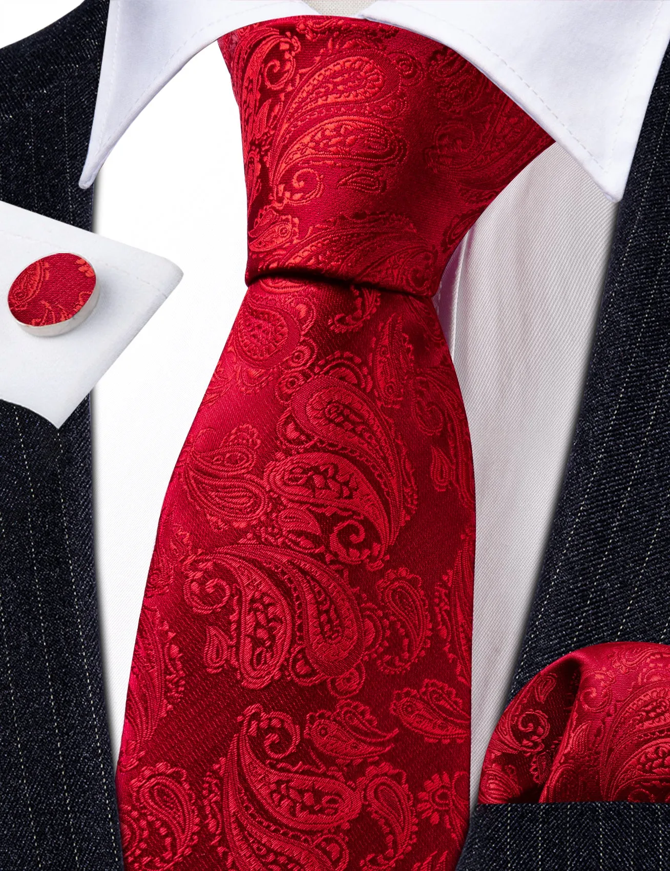 Light Red Paisley Men's 63 Inches Extra Length Tie Handkerchief Cufflinks Set sold by Ties2You product image thumbnail 3