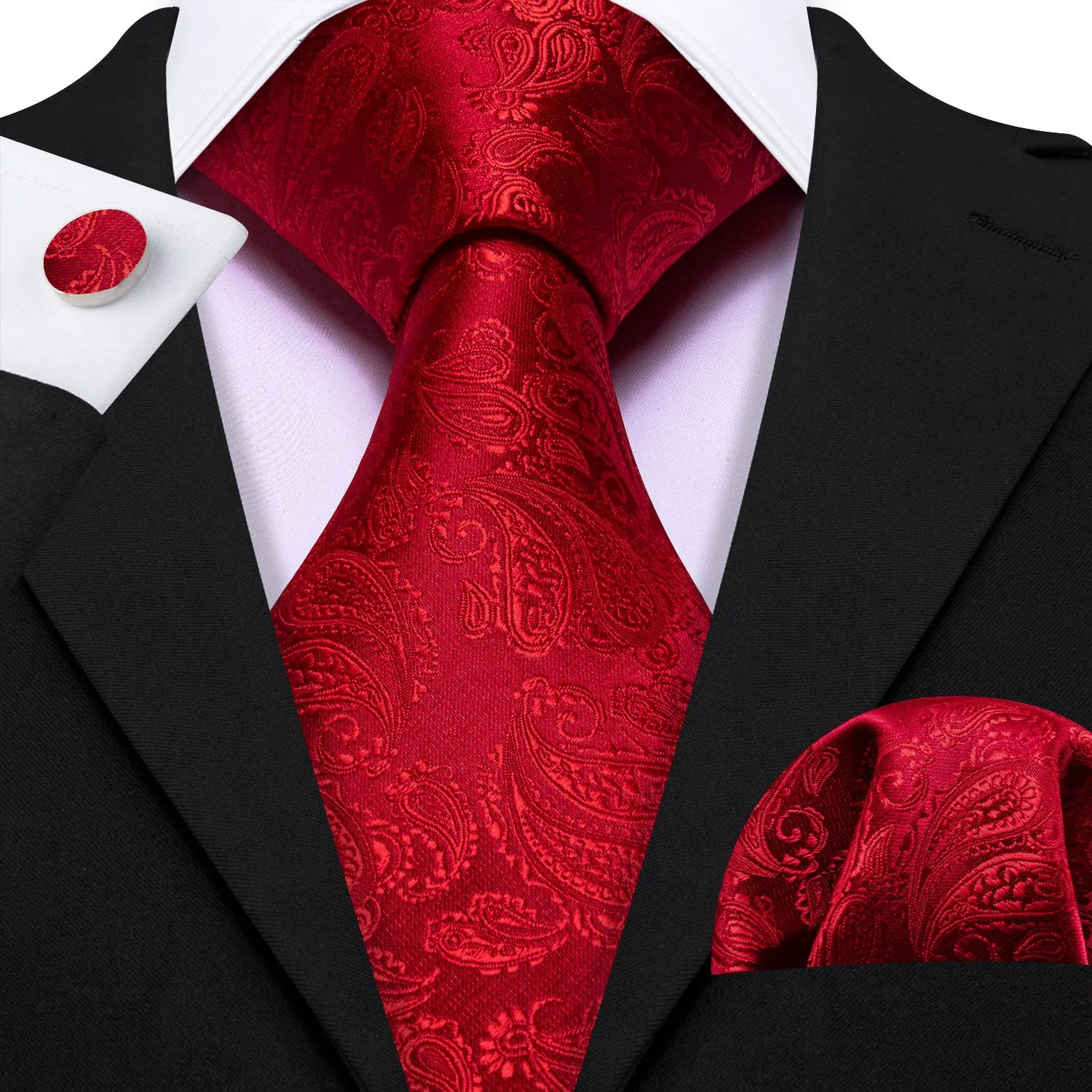 Light Red Paisley Men's 63 Inches Extra Length Tie Handkerchief Cufflinks Set sold by Ties2You product image thumbnail 2