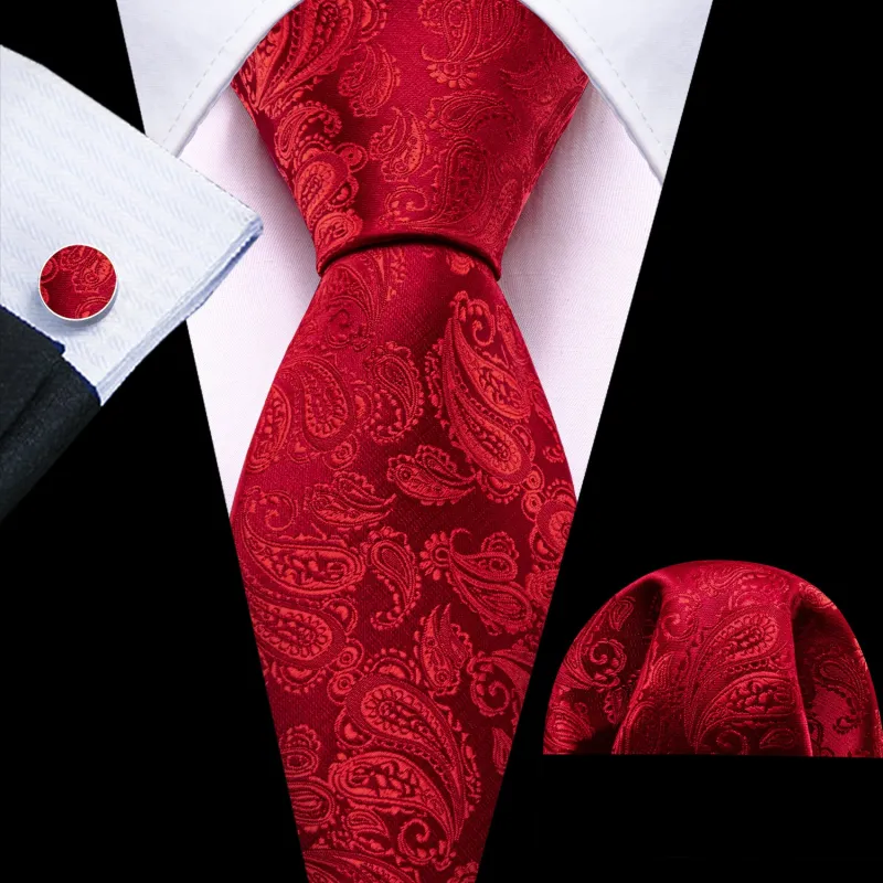 Light Red Paisley Men's 63 Inches Extra Length Tie Handkerchief Cufflinks Set sold by Ties2You