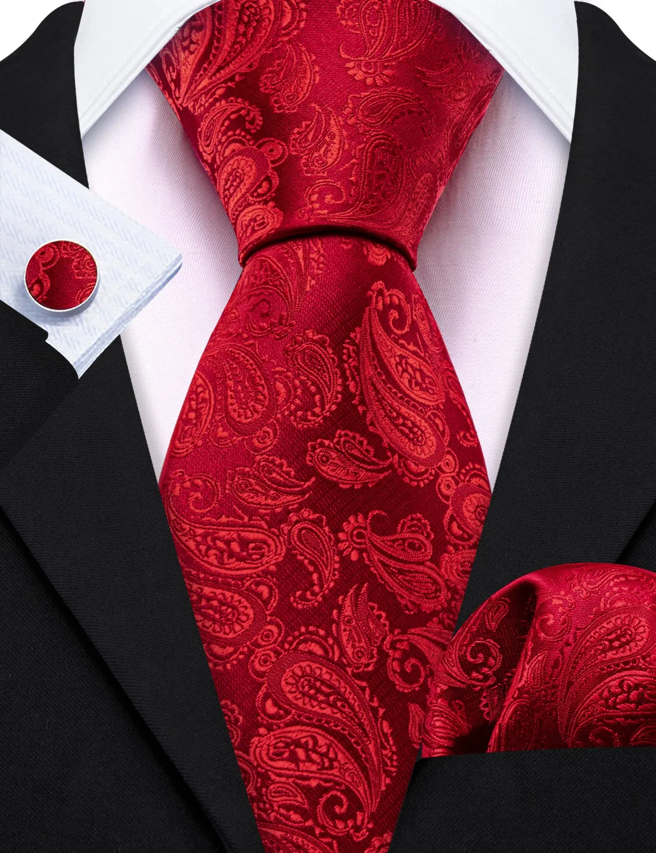Light Red Paisley Men's 63 Inches Extra Length Tie Handkerchief Cufflinks Set sold by Ties2You product image thumbnail 4