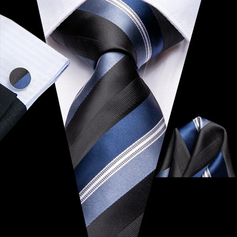Black Blue White Striped Men's Necktie Pocket Square Cufflinks Set sold by Ties2You