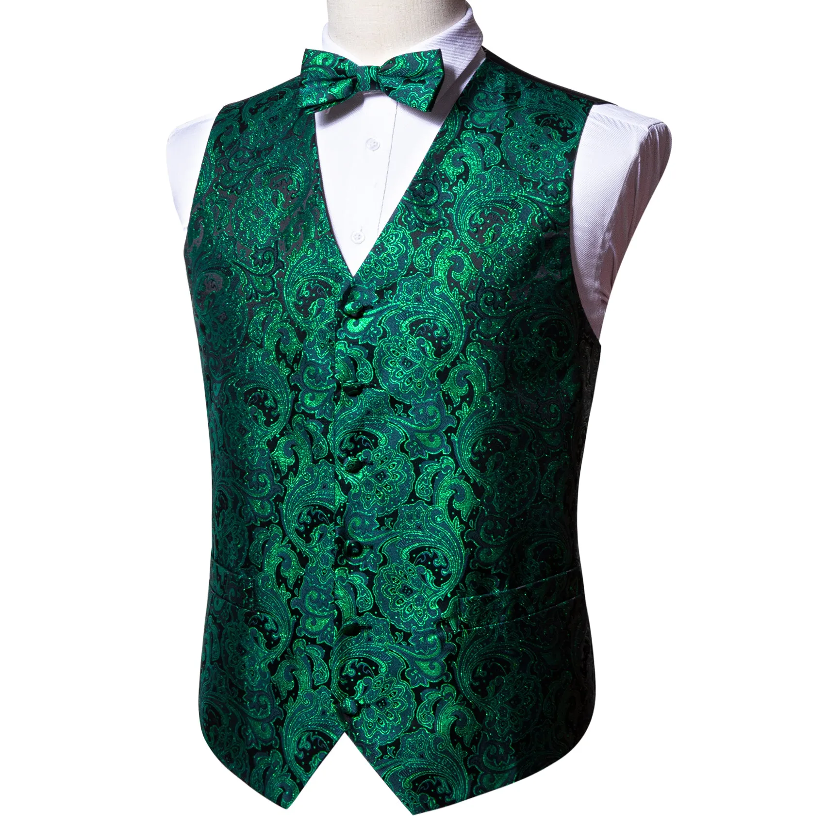 Green Black Floral Silk Men's Vest Bow Tie Handkerchief Cufflinks Set Waistcoat Suit Set sold by Ties2You product image thumbnail 5