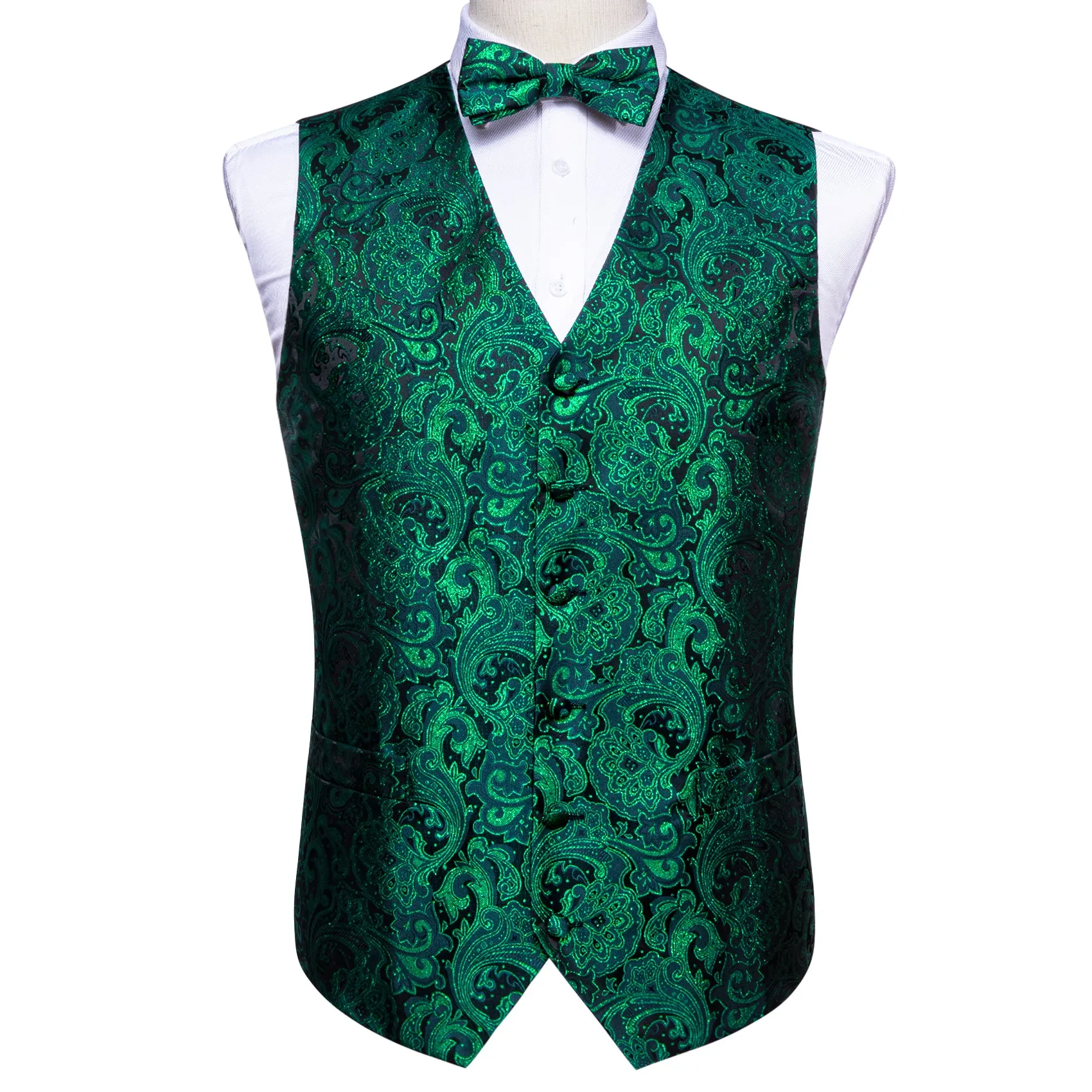 Green Black Floral Silk Men's Vest Bow Tie Handkerchief Cufflinks Set Waistcoat Suit Set sold by Ties2You product image thumbnail 4