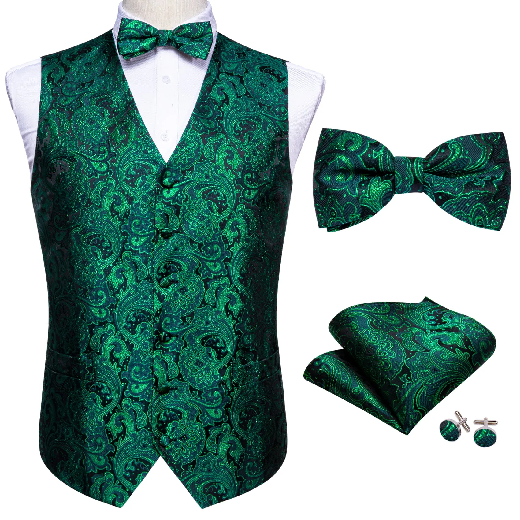 Green Black Floral Silk Men's Vest Bow Tie Handkerchief Cufflinks Set Waistcoat Suit Set sold by Ties2You product image thumbnail 2