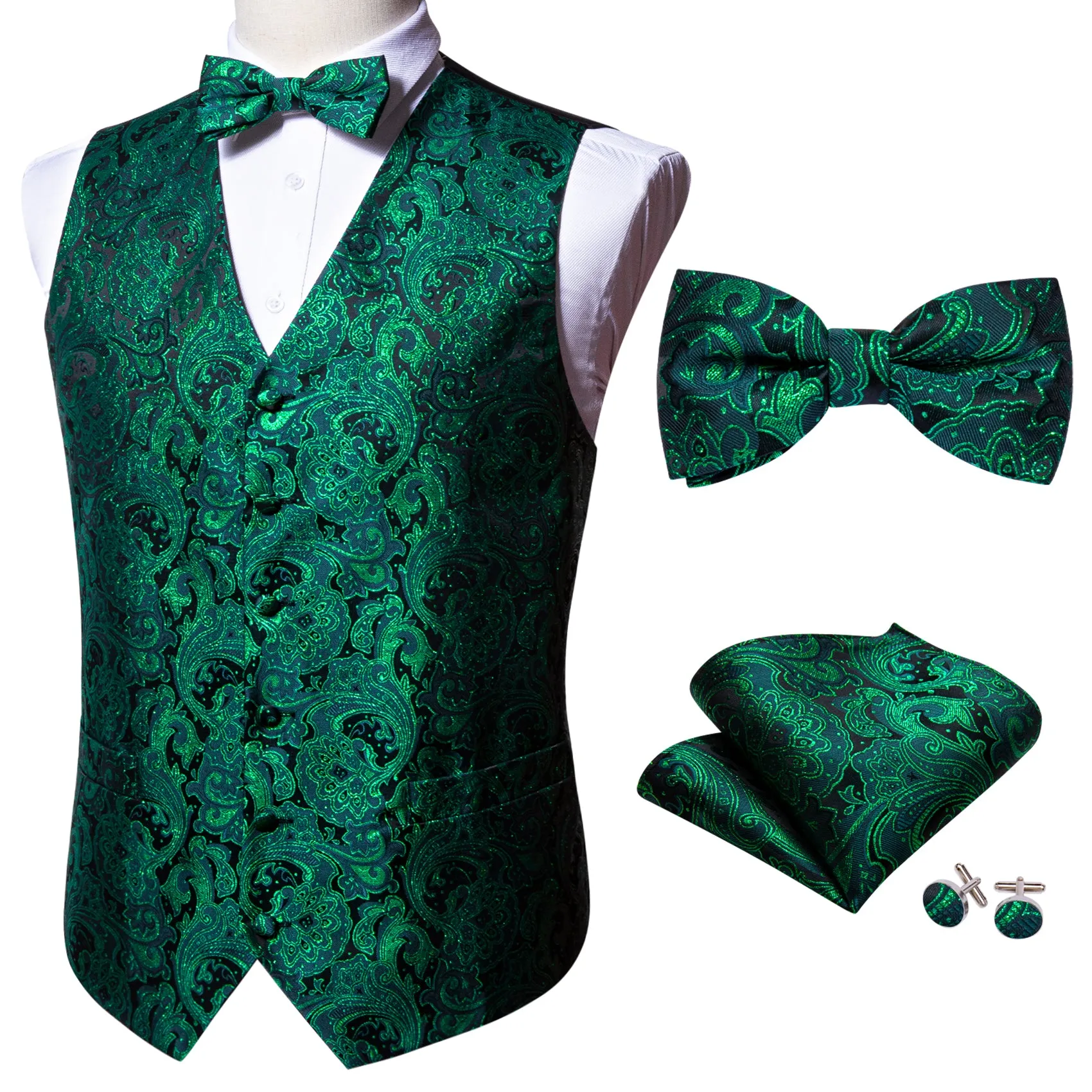 Green Black Floral Silk Men's Vest Bow Tie Handkerchief Cufflinks Set Waistcoat Suit Set sold by Ties2You product image thumbnail 3