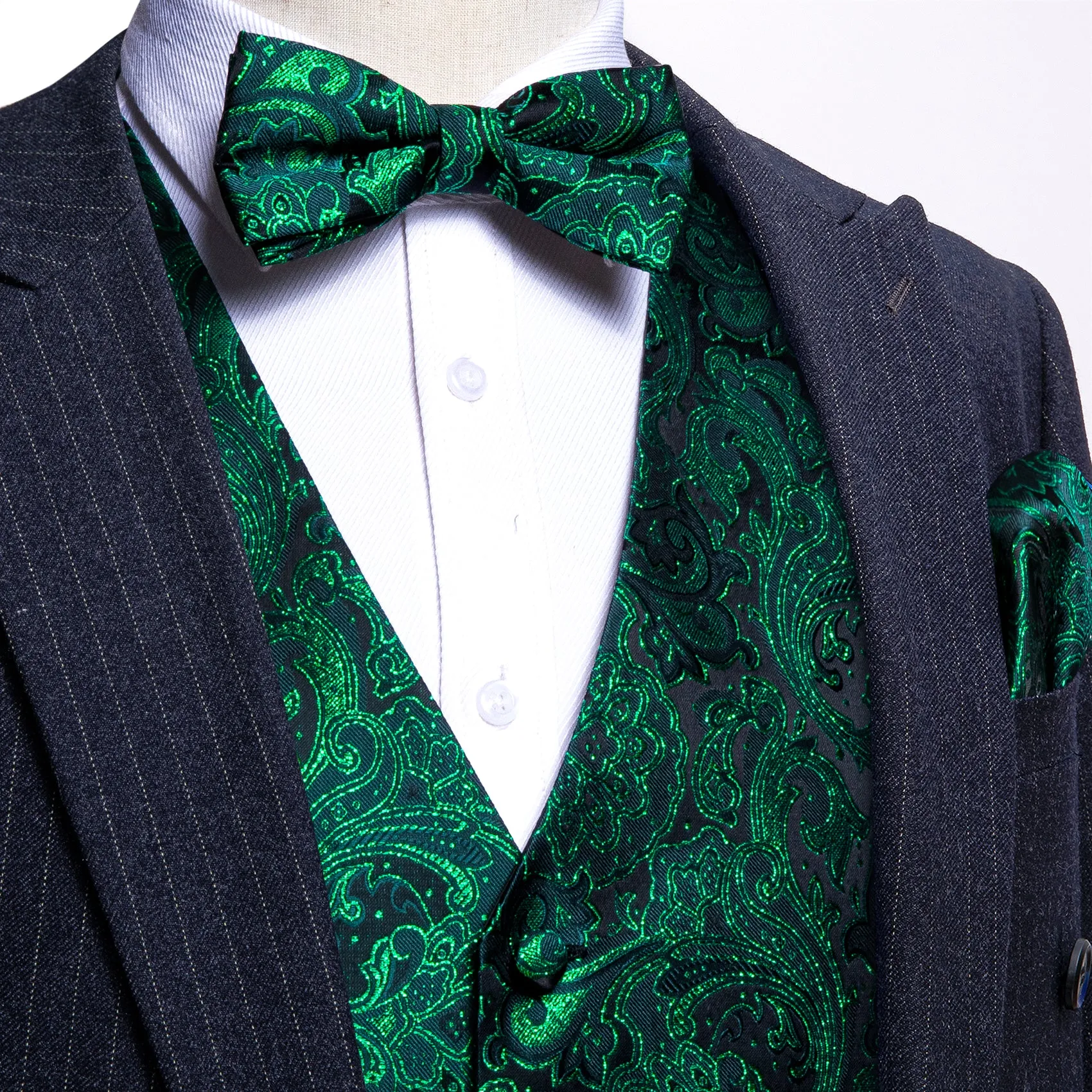 Green Black Floral Silk Men's Vest Bow Tie Handkerchief Cufflinks Set Waistcoat Suit Set sold by Ties2You