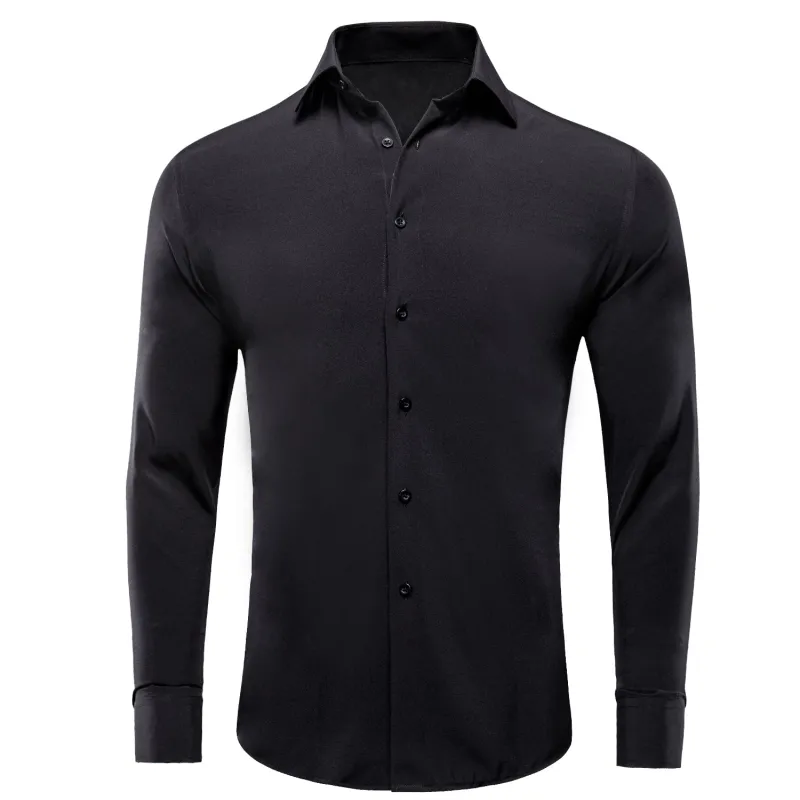 Pure Black Solid Cotton Stretchy Fabric Men's Long Sleeve Shirt sold by Ties2You