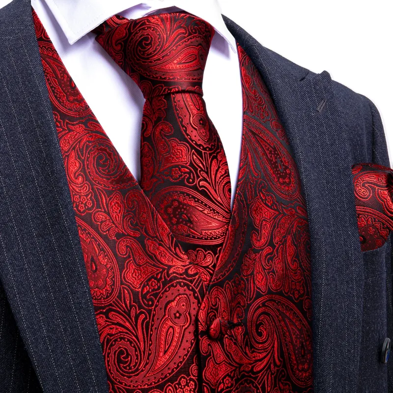 Red Paisley Silk Men Vest Hanky Cufflinks Tie Set sold by Ties2You