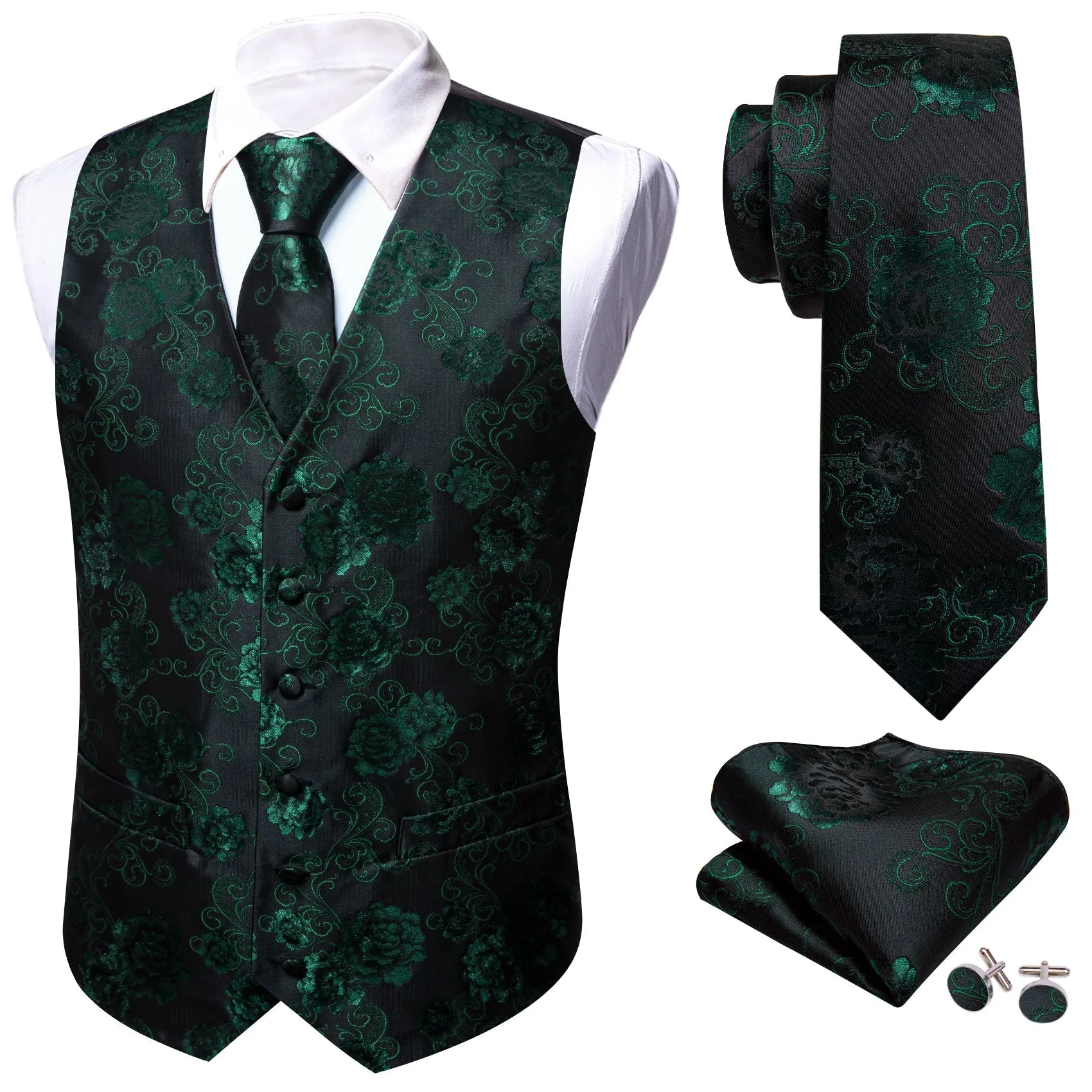 Green Black Floral Flower Silk Men's Vest Hanky Cufflinks Tie Set sold by Ties2You product image thumbnail 3