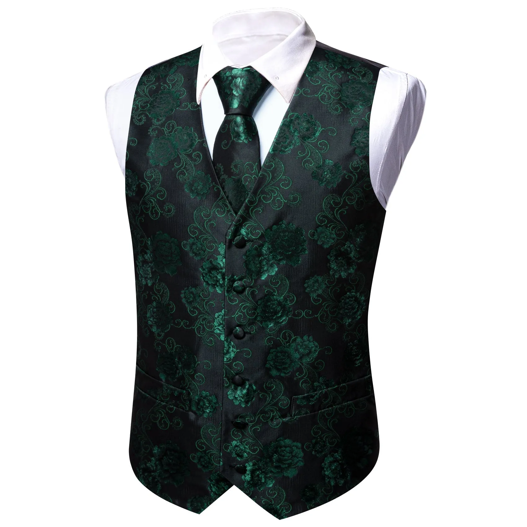 Green Black Floral Flower Silk Men's Vest Hanky Cufflinks Tie Set sold by Ties2You product image thumbnail 5