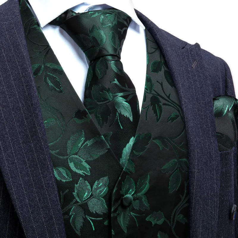 Green Black Floral Leaf Silk Men's Vest Hanky Cufflinks Tie Set sold by Ties2You
