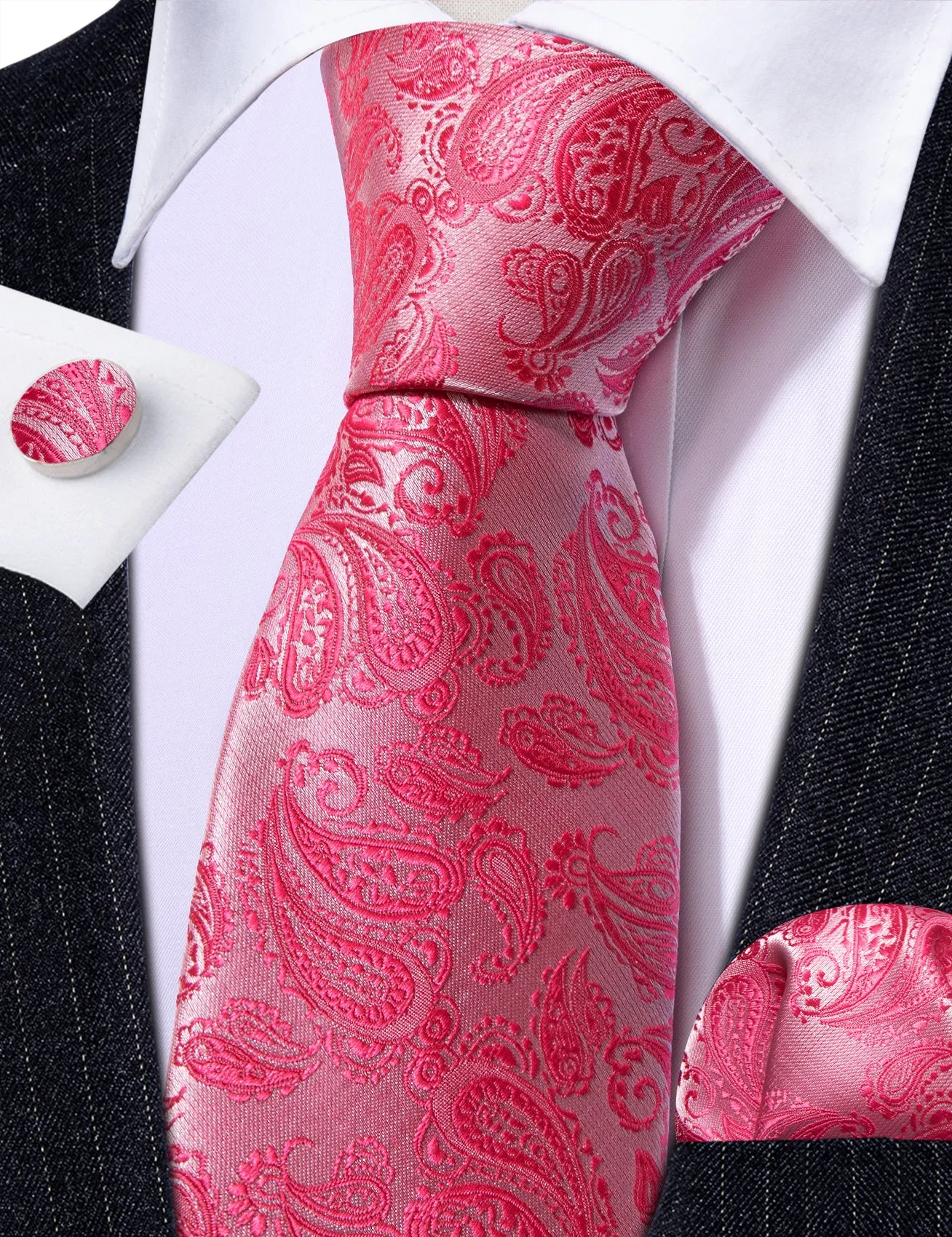 Rose Red Paisley Men's 63 Inches Extra Length Tie Pocket Square Cufflinks Set sold by Ties2You product image thumbnail 3