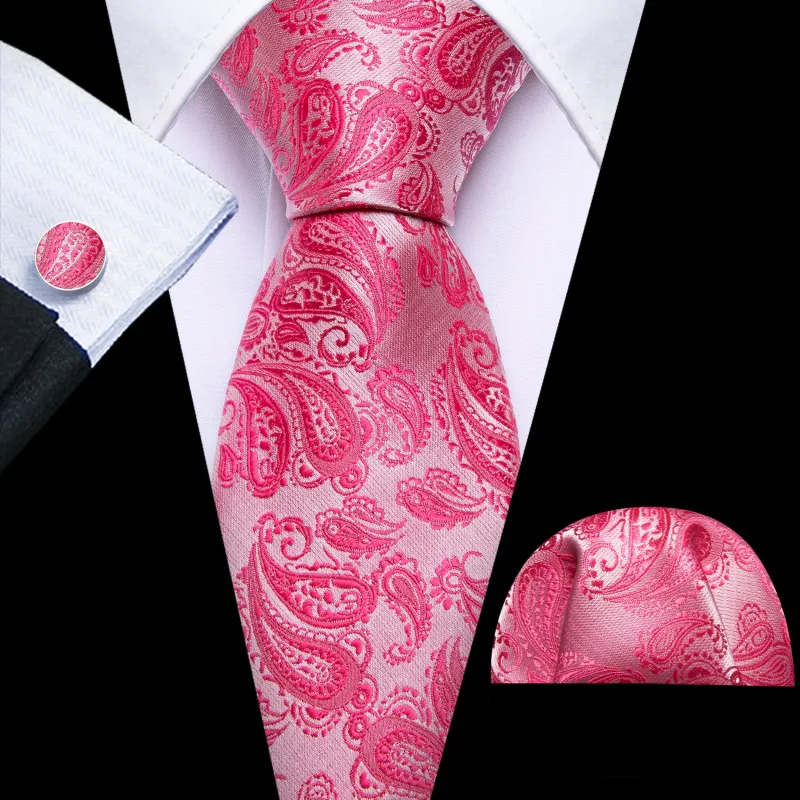 Rose Red Paisley Men's 63 Inches Extra Length Tie Pocket Square Cufflinks Set sold by Ties2You