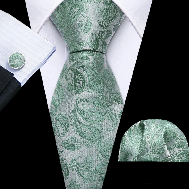 Mint Green Paisley Men's 63 Inches Extra Length Tie Pocket Square Cufflinks Set sold by Ties2You