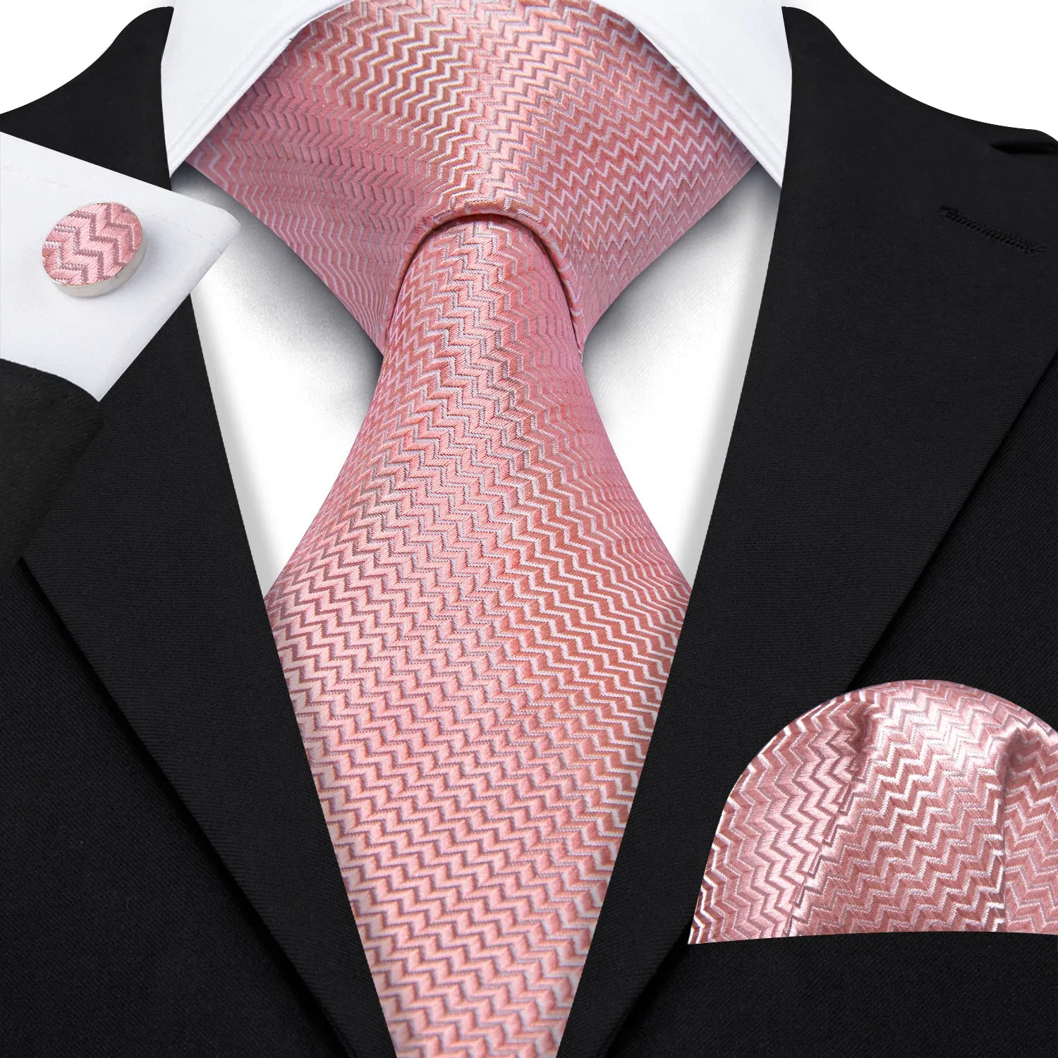 Pink Novelty Woven Men's 63 Inches Extra Length Tie Pocket Square Cufflinks Set sold by Ties2You product image thumbnail 2