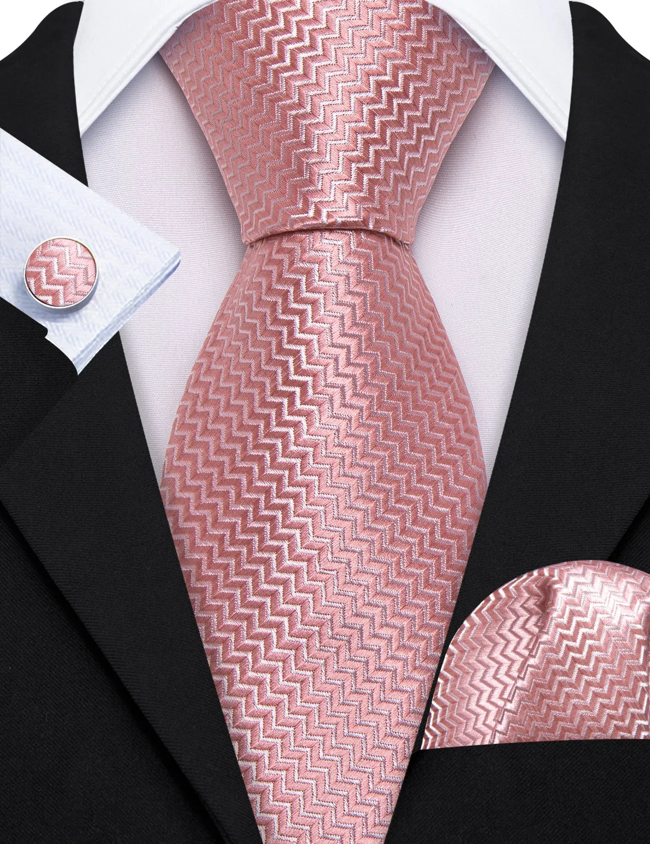 Pink Novelty Woven Men's 63 Inches Extra Length Tie Pocket Square Cufflinks Set sold by Ties2You product image thumbnail 4
