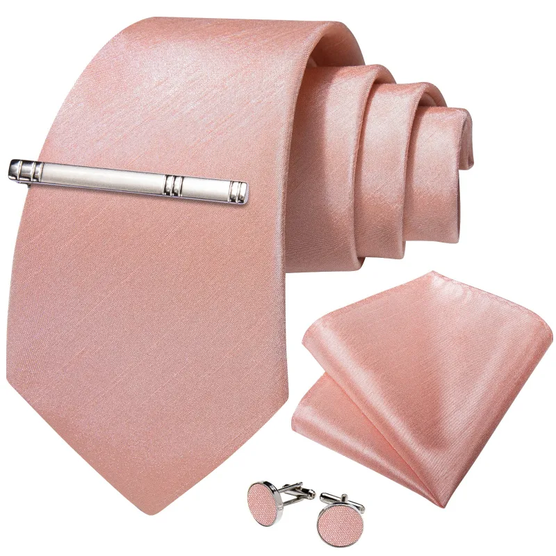Pink Solid Silk Men's Necktie Pocket Square Cufflinks Set with Clip sold by Ties2You